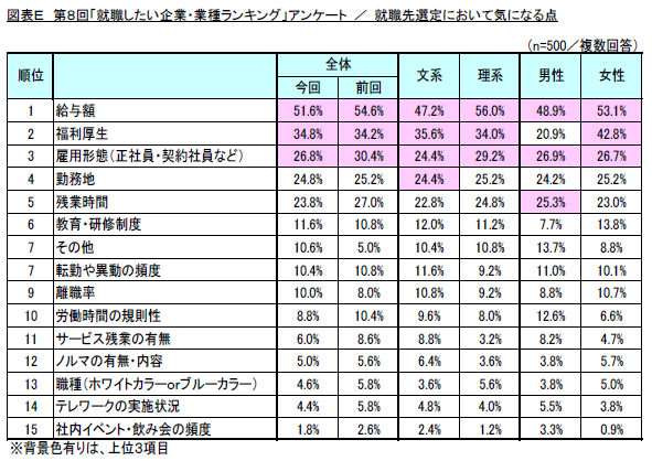 図E　就職先選定において気になる点