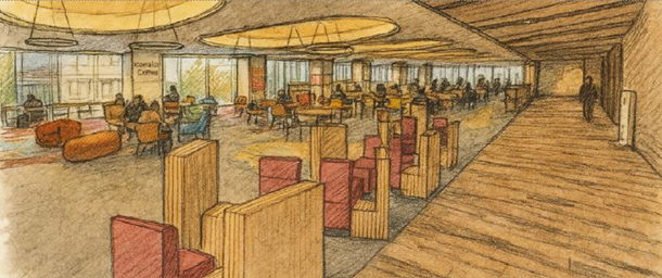 研究実験棟Ⅳ 1階の学生ホールに、コメダ珈琲店で使用されるソファと谷田研究室が考案したスリット家具を組み合わせた「次世代のくつろぎ空間」のイメージ