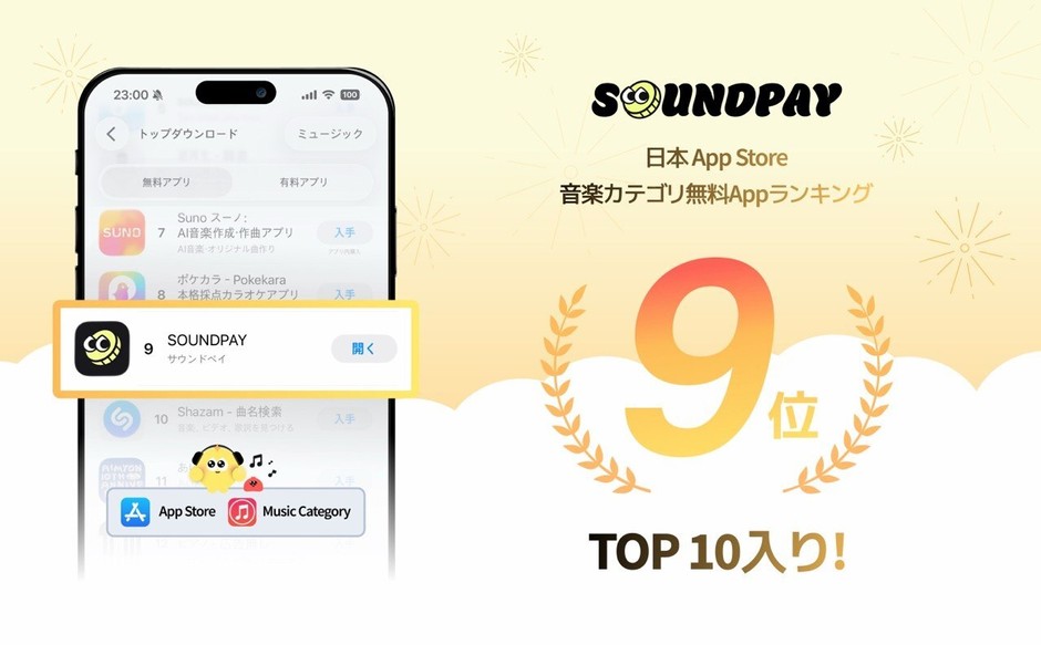 「SOUNDPAY」、日本App Store「ミュージック」無料アプリランキング第9位を獲得