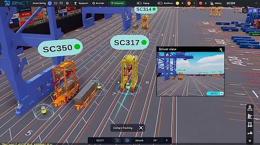 STS作業レーンと周辺のストラドルキャリアの詳細なバーチャルターミナルビュー(運転手視点の挿入図付き)