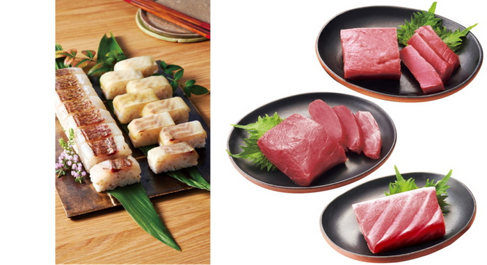 近大真鯛棒寿司（左）、近大マグロ短冊セット（右）