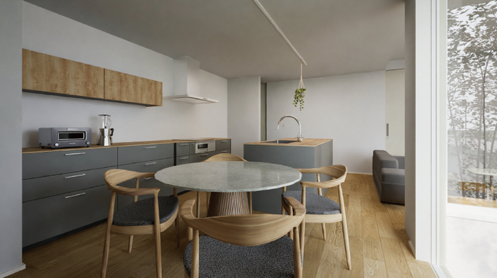 家族の距離が近づく、二型キッチン&times;円形テーブル