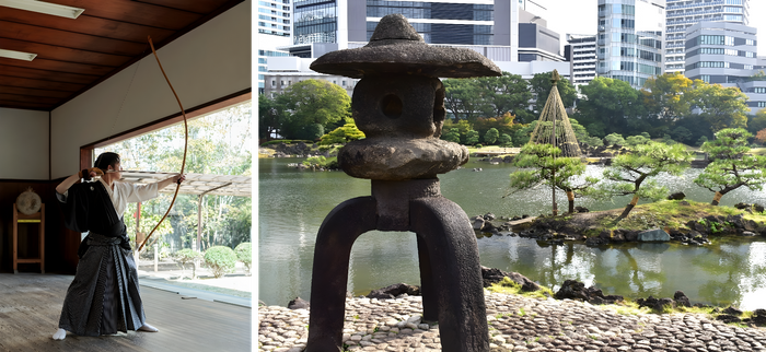 左：弓道の見学会（昨年度開催の様子）　　右：園内風景（11月下旬の様子）