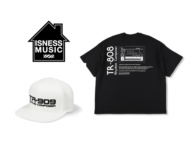 ISNESS MUSICのブランド・ロゴと、Roland Store Tokyoで販売するアパレル・コレクションの一例