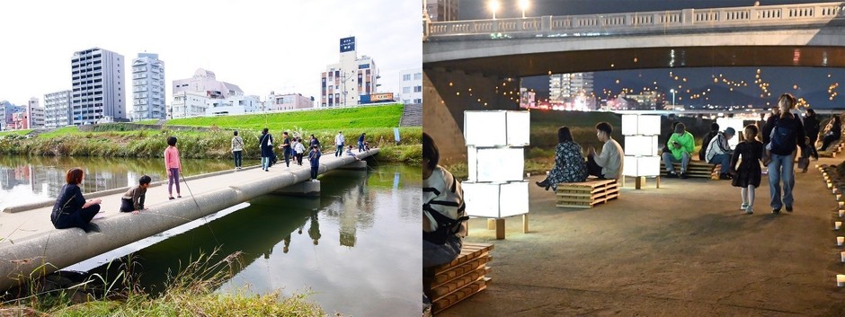 令和6年(2024年)に行われた「遠賀川水辺ピクニック」(左)と「遠賀川ナイトリバー」(右)の様子