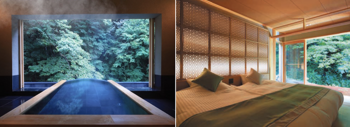 客室には天然温泉、リビング、ベッドルームを完備