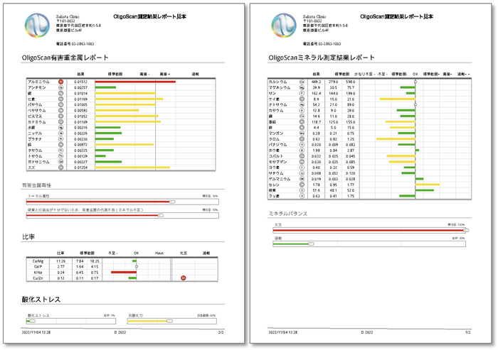 『OligoScan(オリゴスキャン):体内ミネラル有害金属測定解析システム』測定結果レポート見本