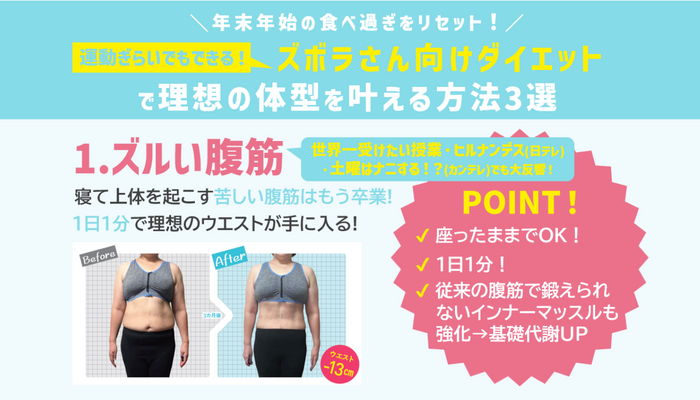 年末年始の食べ過ぎには【ズボラさん向けダイエット】ヒルナンデス!で紹介され話題の「ズルい腹筋」も