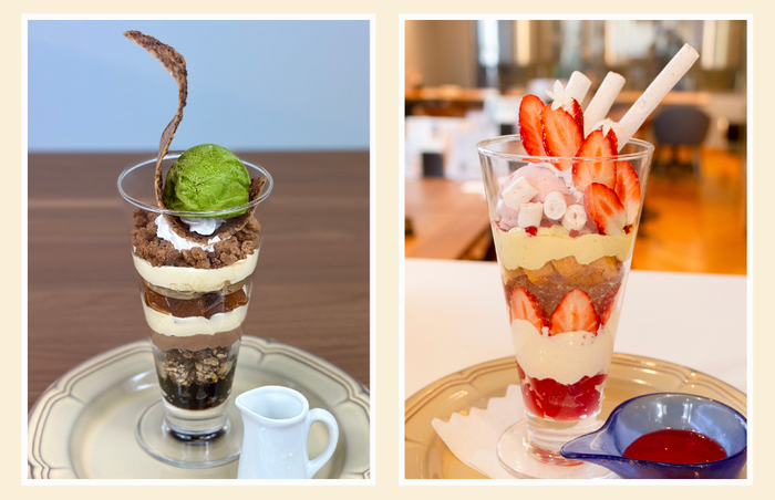 左:季節のチョコレートパフェ 右:季節のフルーツパフェ