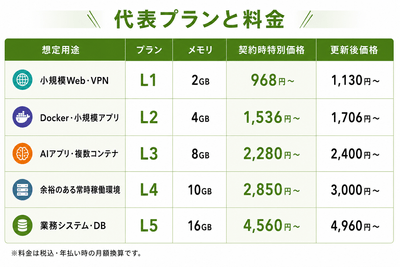 契約時特別価格・税込・年払い時の月額換算 更新後価格も申込前に確認できます