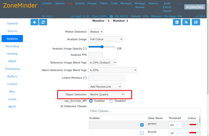ZoneMinder画面例：物体検出にVPUを選択可能