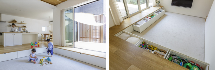 子どもの主な居場所のリビングには、子どもの物を中心にたっぷり収納