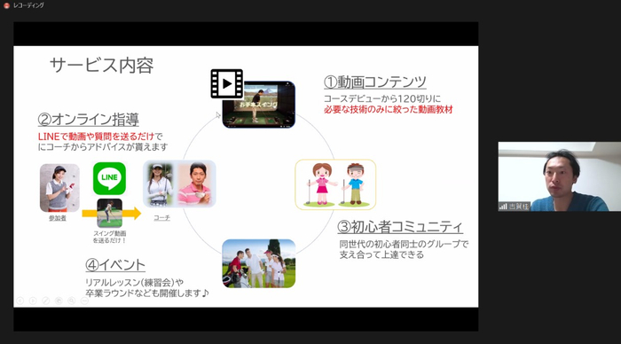 (オンラインゴルフスクールの事業内容を解説する古賀さん)