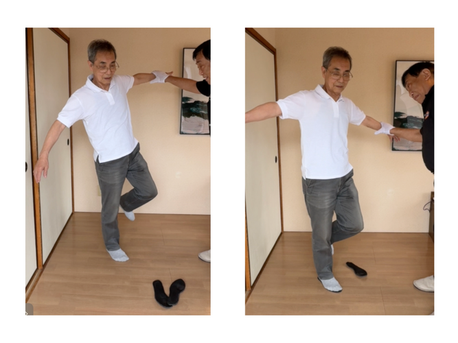 快足インソール使用で、片足立ちで前後・左右の圧力にも体がブレず体幹が安定