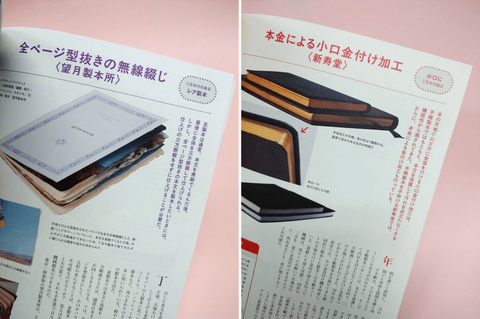 左)全ページ型抜きの無線綴じ 右)本金による小口金付け加工