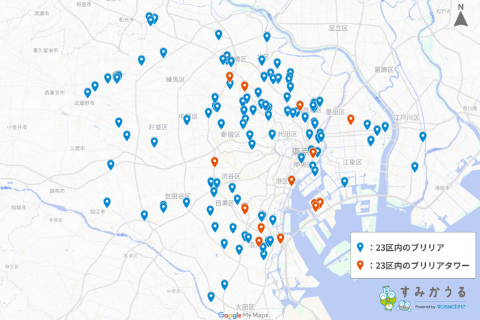 図1：23区内のブリリア、ブリリアタワー所在地（2026年3月 マンションナビ調べ）