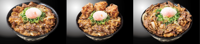 左から『豪快W牛岩塩焼肉丼』980円(税込)　『唐揚げ合盛り　豪快W牛岩塩焼肉丼』1,180円(税込)　『豪快W牛岩塩焼肉丼　肉ざんまい盛り』1,380円(税込)