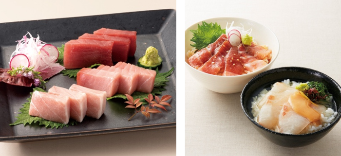 近大マグロセット（左）、近大マグロ漬け丼＆近大鯛茶漬け（右）