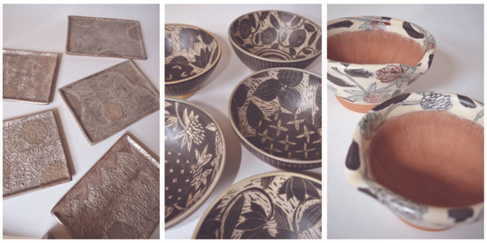 野花の作品を主とした生活の器や、銀彩の作品。陶の壁掛けや雑貨などユーモラスな作品もご案内します。