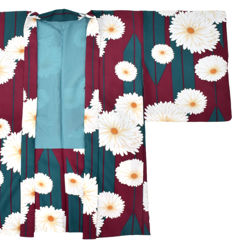 矢羽根に菊　赤紫色