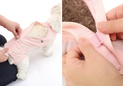 頭を通さず着脱でき、被毛の巻き込みにも配慮した構造