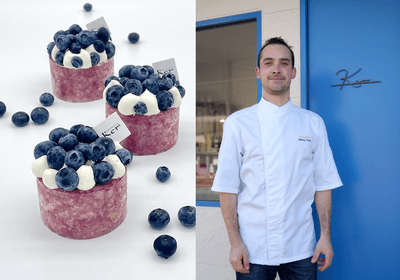 「Patisserie Ker」の「シャルロット　ミルティーユ」とシェフ トラバー アントニー氏