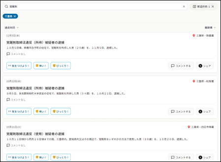 ＜例 三重県、今月、覚醒剤 で検索＞