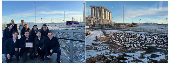 左（WAPSも搭載された、CO2回収船をバックに参加者で記念撮影） 右（CO2貯蔵タンク）