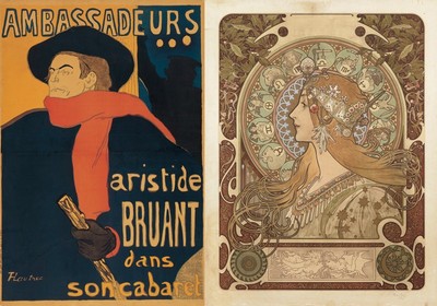 アンリ・ド・トゥールーズ＝ロートレック《 アンバサドゥール、アリスティド・ブリュアン》 1892年 アルフォンス・ミュシャ《 黄道十二宮》 1896年 サントリーポスターコレクション（大阪中之島美術館寄託）