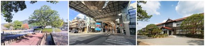 イベントの舞台となる3つのエリア(左:吉香公園/中央:山口市中心商店街 /右:萩・明倫学舎)