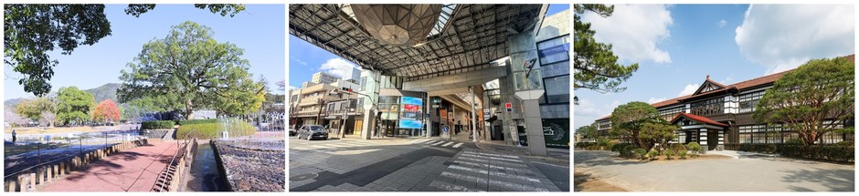 イベントの舞台となる3つのエリア(左:吉香公園/中央:山口市中心商店街 /右:萩・明倫学舎)