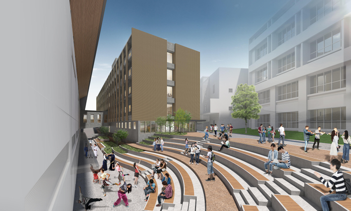 クラブハウス棟（奥）とアスレチックガーデン（手前）の完成イメージ