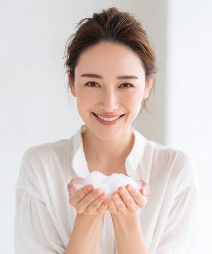 泡を手に持った笑顔の女性