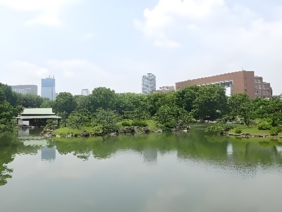 園内から見える 中村中学校・高等学校(写真右手)