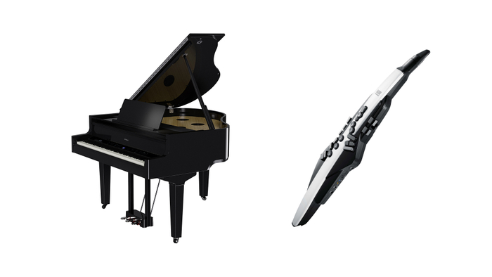 当日演奏する製品の一例 デジタル・グランドピアノ「GP-9」(左)、電子管楽器「エアロフォン AE-20」(右)
