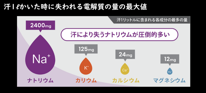 汗1リットルかいた時に失われる電解質の量の最大値