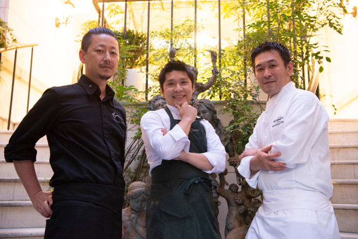 「レストランひらまつ レゼルヴ」シェフ内木塲(右)、「サンス・エ・サヴール」シェフ鴨田(中)、「アルジェント」シェフ鈴木(左)