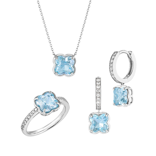 Pt950 ブルートパーズ ダイヤモンド ネックレス、ピアス、リング