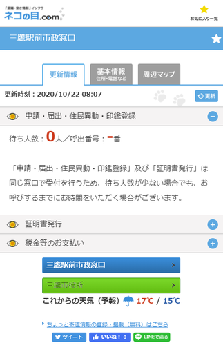 三鷹駅前市政窓口 混雑情報サイト画面