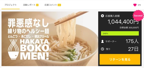 開始2週間で目標金額の300％を超える応援購入が集まった すり身でできた冷凍魚麺「HAKATA BOKOMEN!」の 試食POPUPを7月11日～14日開催！