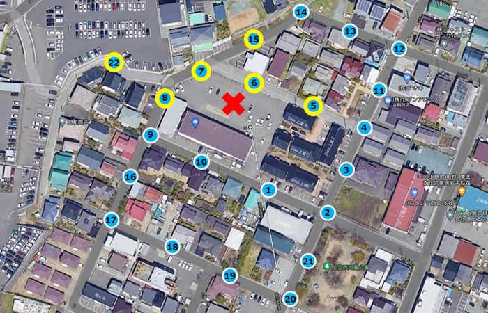 図表3.LINBLE-LR1の屋外・住宅地通信評価結果(&times;が定点、黄色い〇が通信確認ができたポイント)