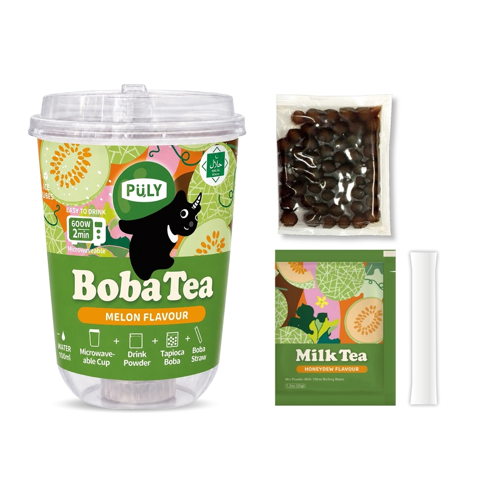 【写真】プーリータピオカドリンク(Boba Tea)メロン味セット。