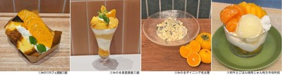 ①国産米粉のシフォンサンド~和歌山県産柿~ 単品 750円②和歌山県産柿とみかんのパフェ 1,790円③和歌山県産 柿とみかんとよつ葉ヨーグルトのサラダ ※ビュッフェコーナーで提供④和歌山県産みかん&柿パフェ 462円