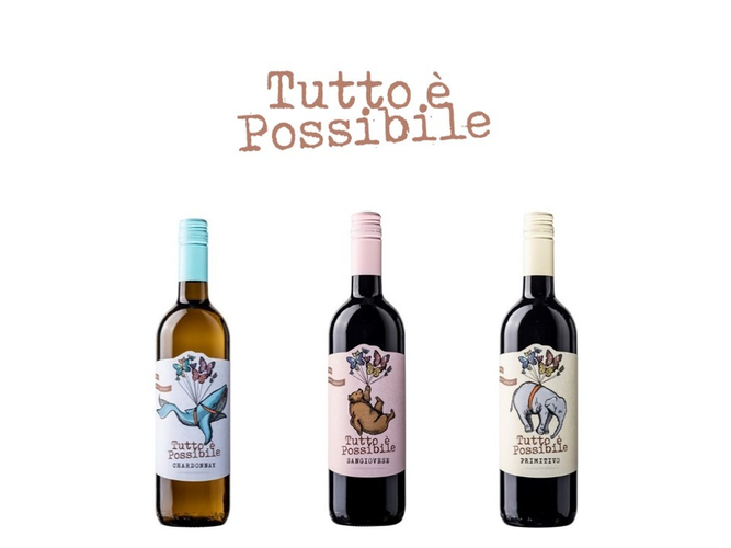 左：トゥット・エ・ポッシービレ&ldquo;シャルドネ&rdquo;／　中央：トゥット・エ・ポッシービレ&ldquo;サンジョヴェーゼ&rdquo;／右：トゥット・エ・ポッシービレ&ldquo;プリミティーヴォ&rdquo;