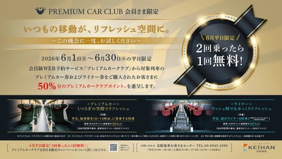 ― いつもの移動が、リフレッシュ空間に。 ―
プレミアムカークラブポイントキャンペーンを実施します！
～ 6月の平日限定、2回乗れば1回分実質無料！ 50％のポイント進呈！ ～