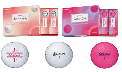 写真上、NEW「スリクソン SOFT FEEL LADY」（左：ホワイト、右：パッションピンク） 写真下、左：合わせやすいアライメント機能のあるサイドマークデザイン 中央：ライトグレーにすることでやわらかさを表現したSRIXONロゴ 右：パッションピンクのボールには、パープルのSRIXONロゴ