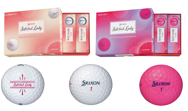 写真上、NEW「スリクソン SOFT FEEL LADY」（左：ホワイト、右：パッションピンク） 写真下、左：合わせやすいアライメント機能のあるサイドマークデザイン 中央：ライトグレーにすることでやわらかさを表現したSRIXONロゴ 右：パッションピンクのボールには、パープルのSRIXONロゴ