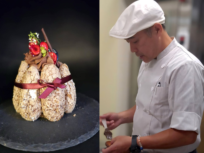 「シャルパンティエ マツイ」の「Chalotte au chocolat poun les Vacances」とオーナーシェフ 松井 孝氏