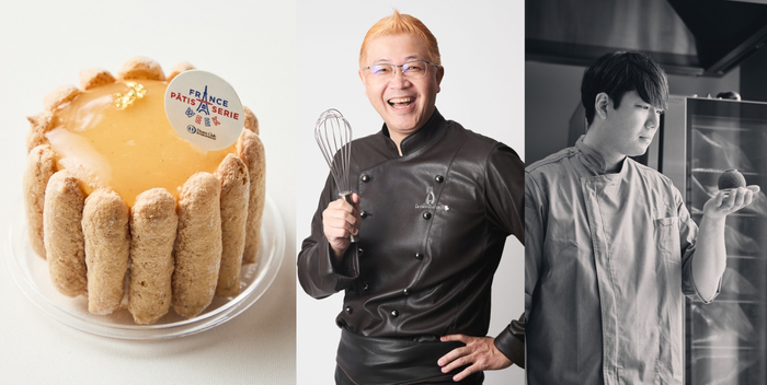 「LE CHOCOLAT DE H」の「シャルロットポワール」とオーナーシェフ 辻口 博啓氏(中央)、スーシェフ  川端 慎也氏(右)