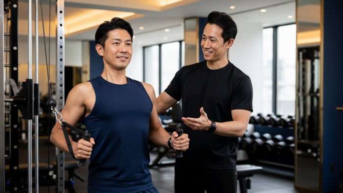 40代男性ビジネスパーソンを主対象に、一人ひとりの身体特性に合わせたフォーム指導を行う様子。 筋力向上だけでなく、姿勢・可動性・身体機能まで含めた本質的な身体づくりを重視している。